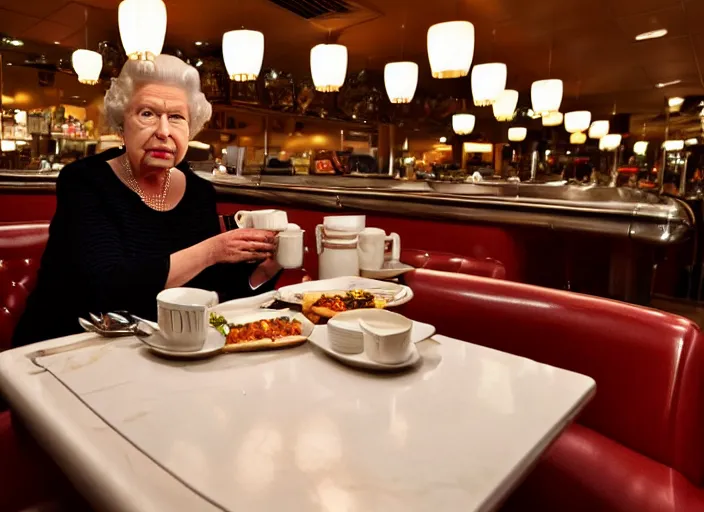 Prompt: Professional Photography, Queen Elizabeth dines alone at a diner at night