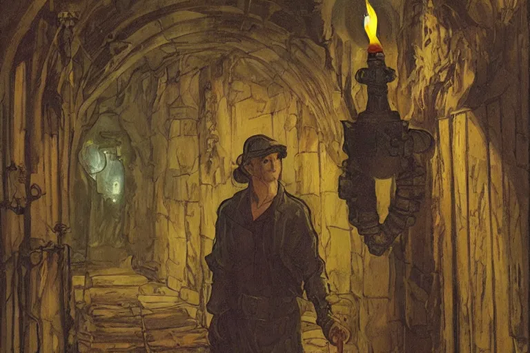 Image similar to a man holds a torch and explores a Dungeon, luminous, Art Nouveau