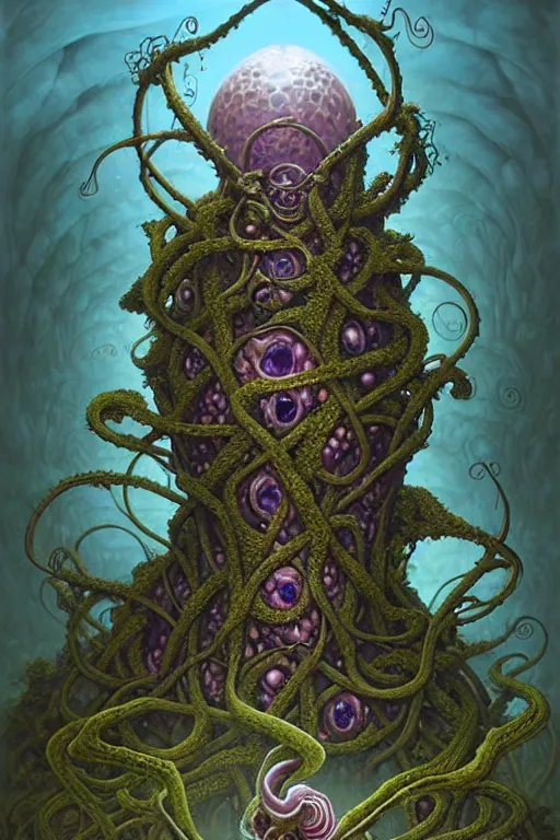 Image similar to On a domed structure made of tentacled rock vines, there is an orc fused and blended with the vines, a purple crystal pulsing in his chest, orc on vines, orc fused with vines, orc merged with vines, Peter Mohrbacher, Beksiński and Jeff Easley, artwork by Peter Mohrbacher, Zdzisław Beksiński and Jeff Easley