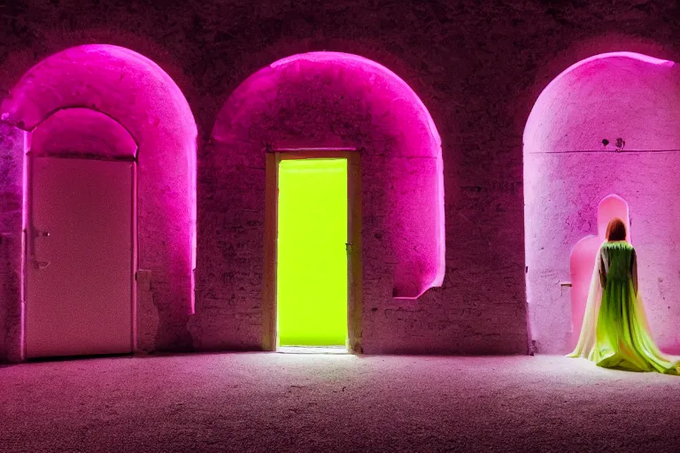 Prompt: A photograph of a woman standing in a snail shape interior space with an arched door glowing white at the end, neon colors,F3.5,ISO640,18mm,1/60,Canon EOS 90D.