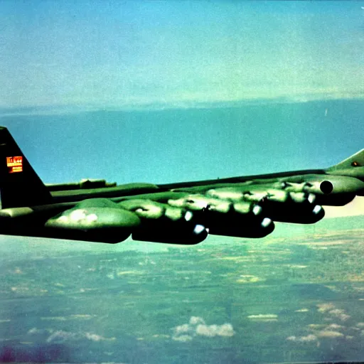 Prompt: realistic b - 5 2 dropping bombs in vietnam