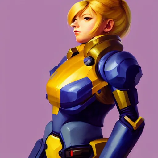 Image similar to Greg Manchess portrait painting of Samus Aran as Overwatch character, medium shot, asymmetrical, profile picture, Organic Painting, sunny day, Matte Painting, bold shapes, hard edges, street art, trending on artstation, by Huang Guangjian and Gil Elvgren and Sachin Teng