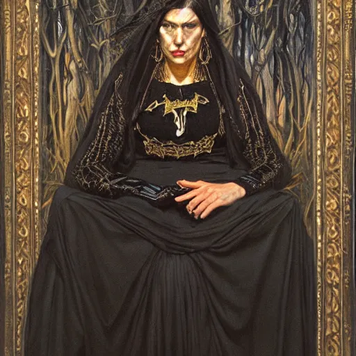 Prompt: a painting by donato giancola representing a witch dressed in black clothes embroidered with gold.