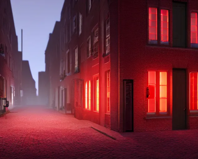 Image similar to view of a moonlit street in de rosse buurt, a window with a red light containing an nvidia gpu in a miniskirt, photorealistic atmospheric sensual lighting