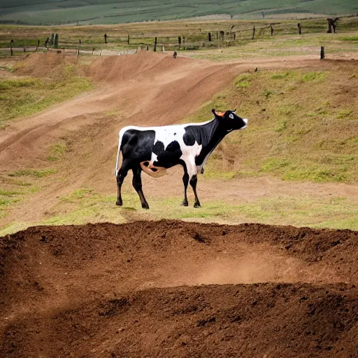 Image similar to a cow standing on a motocross jump