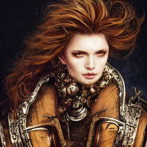 Image similar to portrait, headshot, insanely nice professional hair style, dramatic hair color, digital painting, of a old 17th century, old cyborg merchant, amber jewels, baroque, ornate clothing, scifi, realistic, hyperdetailed, chiaroscuro, concept art, art by Franz Hals and Jon Foster and Ayami Kojima and Amano and Karol Bak,