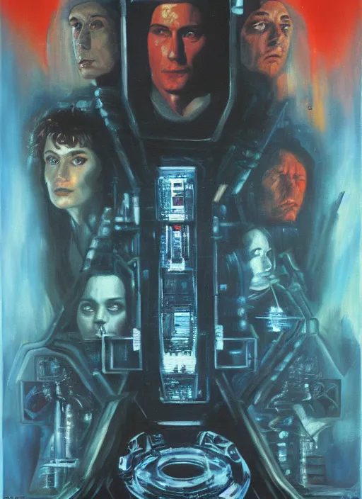 Image similar to 1 9 8 3 movie poster for neuromancer. oil on canvas. print.