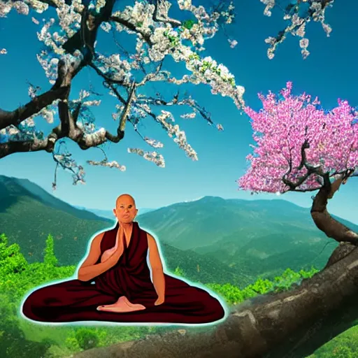 Prompt: a monk practicing yoga in front of a tibetean monastery on top of a mountain, under a cherry blossom tree, steampunk, detailed digital art