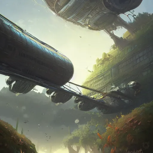 Image similar to A futuristic flying solarpunk overgrown scientific cargo airship on a sunny day, solar panels, art by Andreas Rocha and greg rutkowski, highly detailed, digital painting, matte painting, concept art, illustration, warm lighting, trending on artstation, very detailed