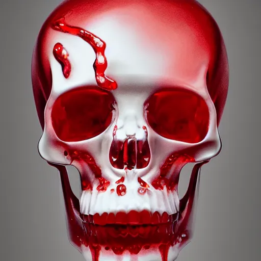 Image similar to transparent red liquid dripping inside in a transparent skull, alexander mcqueen