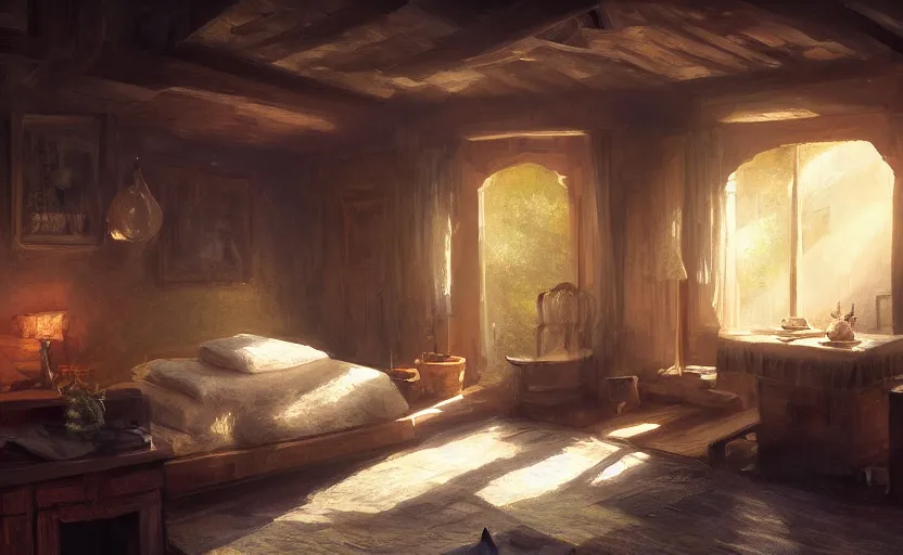 Image similar to painting of an interior of a cozy bedroom carved in a moutain, small hot spring and lush garden outside, other bedrooms can be seen, natural light, fantasy, natural light, concept art, by greg rutkowski and craig mullins, cozy atmospheric and cinematic lighting, trending on artstation