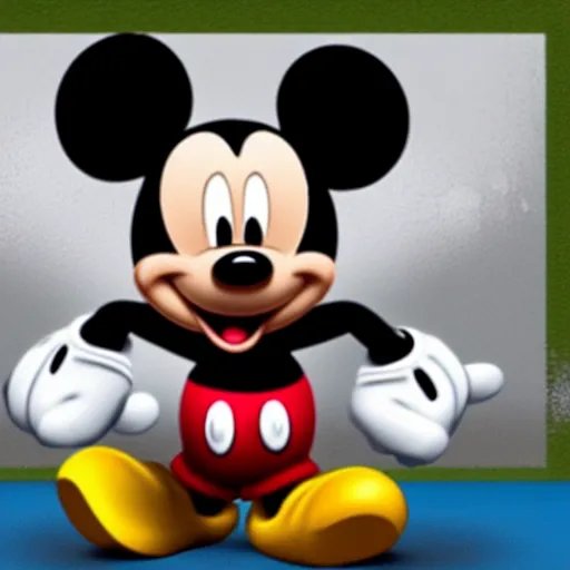 Prompt: Mickey Mouse coming to collect a debt, screenshot from a horror movie