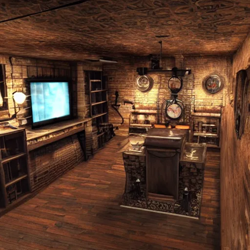 Prompt: a steampunk themed basement
