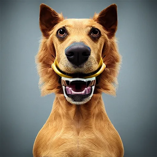 Image similar to realistic studio portrait, human face disguised as a dog, vfx special effects, dog human hybrid creature, in the style of annie leibovitz