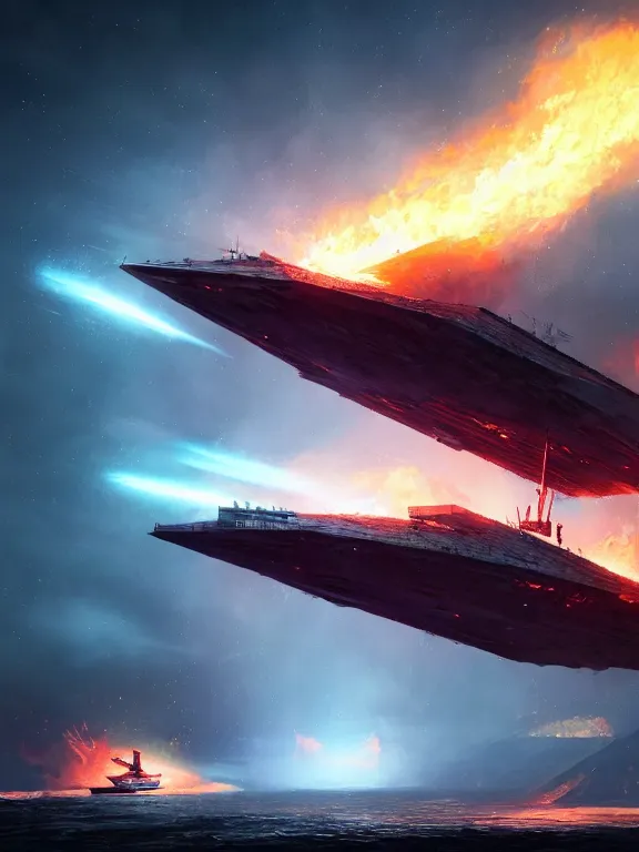 Prompt: photo of 8k ultra realistic star destroyer on fire, full of colour, cinematic lighting, battered, trending on artstation, 4k, hyperrealistic, focused, extreme details,unreal engine 5, cinematic, masterpiece, art by Peter Mohrbacher