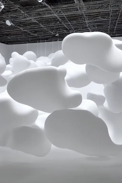 Image similar to floating, large white abstract blob shapes by daniel arsham, smooth, all white features on a white background