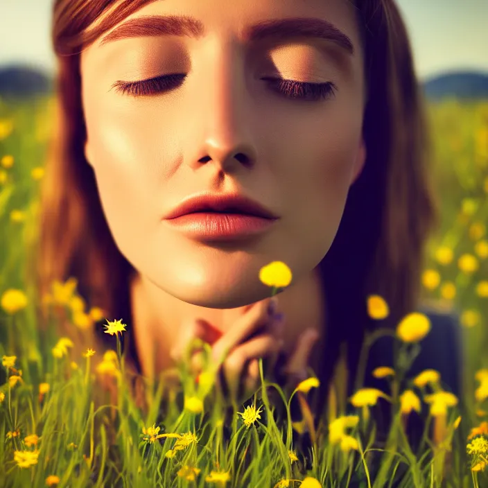Prompt: photo of a very beautiful!! woman in an endless heavenly meadow, close up, 8 k, hdr, smooth, sharp focus, high resolution, award - winning photo, trending on artstation, dslr, 5 0 mm