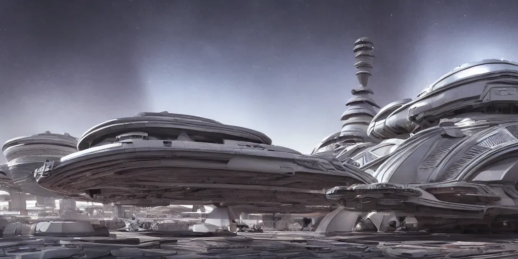 Prompt: cinematic still of hyper detailed hard surface modelled realistic afro futurist, spaceport designed by frank lloyd wright architect, deep perspective, wide angle, hyper detailed and intricate, concept art