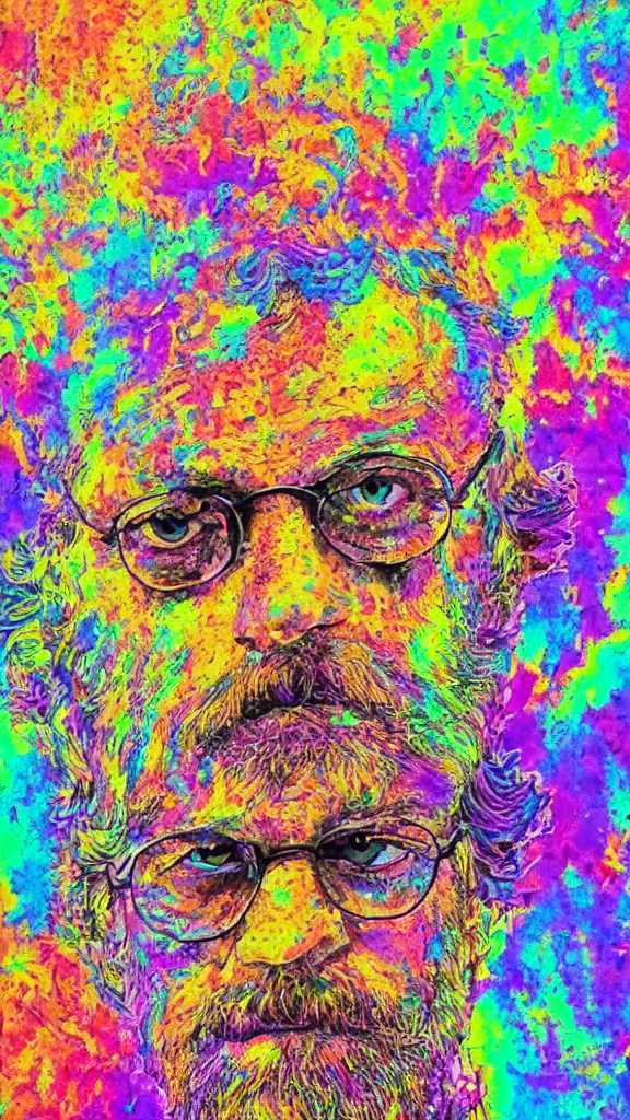 Prompt: terrance mckenna protrait with mushrooms fractals and fog, vivid psychadelic colorful