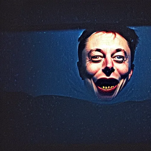 Prompt: dark photo of dark blue rainy bedroom window at night, dimly lit creepy ( ( ( ( ( contorted distorted ) ) ) ) ) screaming face of elon musk staring in through the window, horror, scary face, demonic face,