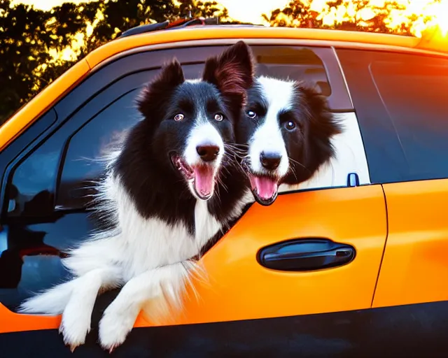 Image similar to border collie dog in the driver's seat of an orange nissan note, paws on wheel, car moving fast, rally driving photo, award winning photo, golden hour,