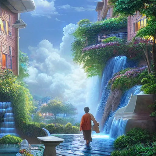 Image similar to walkway waterfall skies rich hyper realism 8 k octane render sacred by evgeny lushpin, moebius, john stephens, rhads, arthur adams