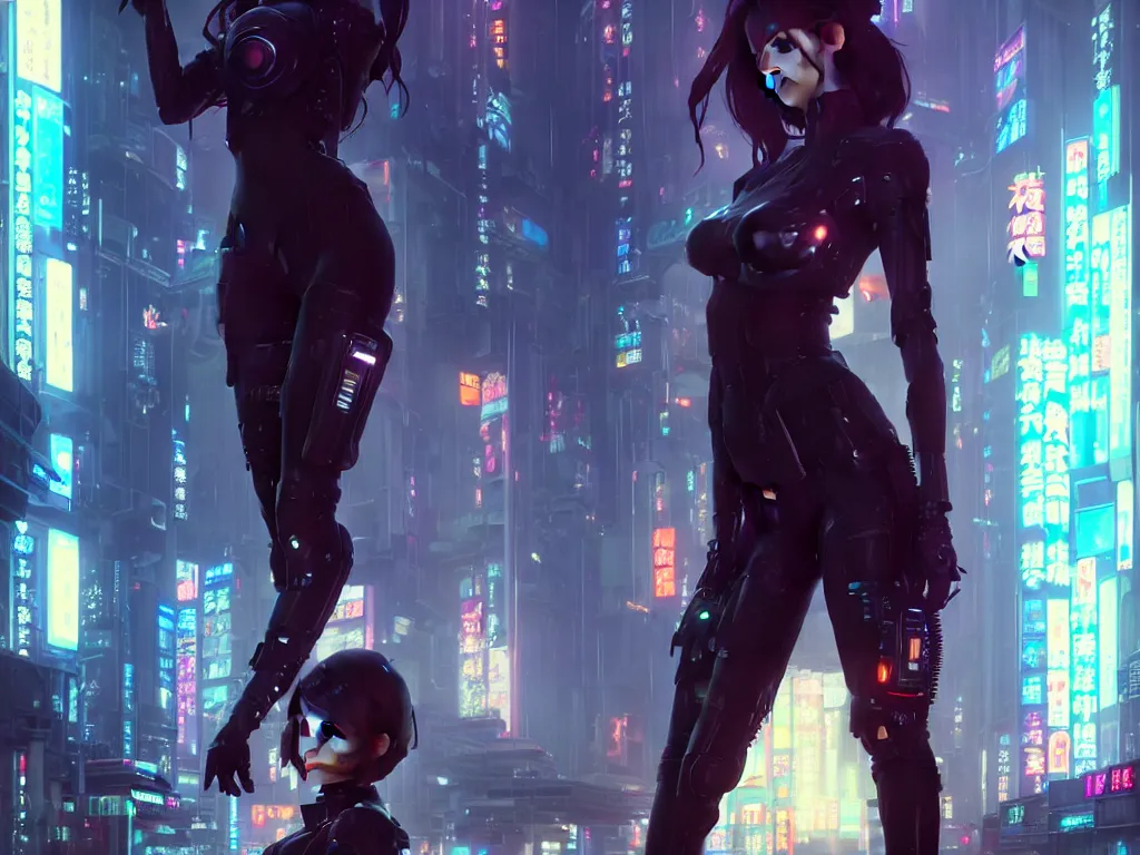 Image similar to Beautiful full body portrait of beautiful cyberpunk woman by Greg Rutkowski and Krenz Cushart and Pan_Ren_Wei and Hongkun_st and Bo Chen and Enze Fu and WLOP and Alex Chow, Madhouse Inc., anime style, crepuscular rays, set in rainy futuristic cyberpunk Tokyo street, dapped light, dark fantasy, feminine figure, smooth skin, gorgeous, pretty face, beautiful fashion model body, high detail, hyper realistic, cgsociety, trending on artstation