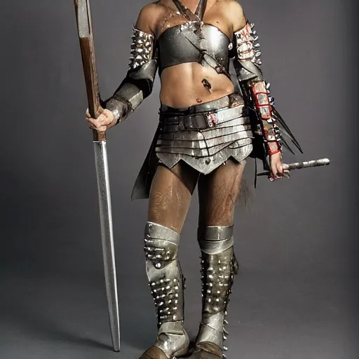 Image similar to full shot photo of a female warrior with spiky armour holding medieval flail