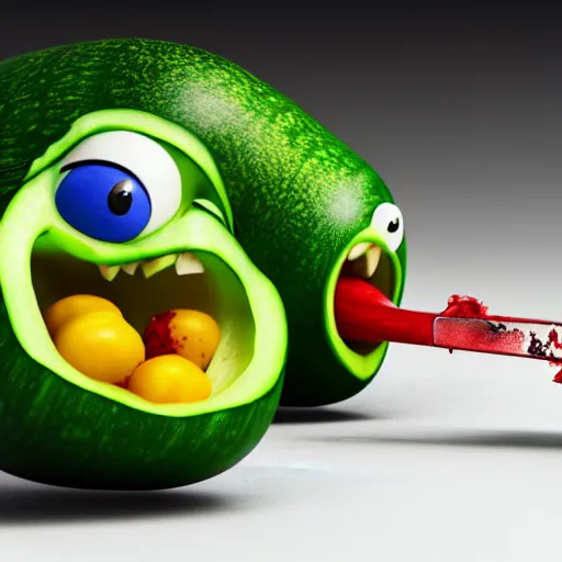Image similar to detailed 3 d render of an angry furious zucchini with a bloody sword in his hand, running down the road chasing after a group of scared tomatoes, hyper realistic octane render, dramatic lighting, high speed chase, nightmare, surrealism, pixar, disney, cartoon