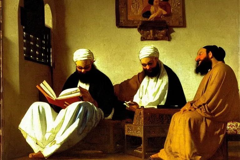 Image similar to the prophet mohammed reading salman rushdies book the satanic verses, being delighted and cheerful, whispering words of wisdom in solidarity, painted by frederick arthur bridgman and jan vermeer, oil on canvas