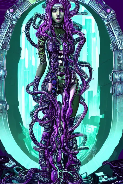 Prompt: Perfectly-centered Hyperdetailed symmetrical cinematic RPG portrait-illustration of a beautiful aetherpunk cyberpunk Medusa in a long neon-noir lovecraftian dress while her hair is made of huge ravepunk snakes. She's standing next to otherworldly towers in a surreal landscape with a cosmic horror blurred background, in the style of an epic sci-fi comic-book cover, 3D rim light, smooth digital art, sharp focus, 8K, masterpiece, Professional post-processing and HDR digital airbrush painting, Gsociety, ArtstationHQ, 3d final render, 3d shading, unreal 5, octane render, psychedelic highlights and overtones, dramatic, dynamic and atmospheric lighting, anamorphic lens.