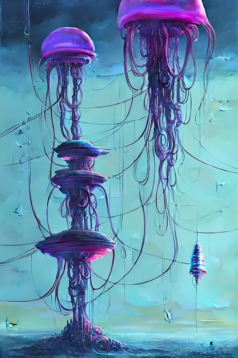 Image similar to mechanical robotic squid jellyfish spaceship with long tendrils, lots of hanging cables and wires, sci - fi concept art, by john harris, by simon stalenhag, stunning, award winning