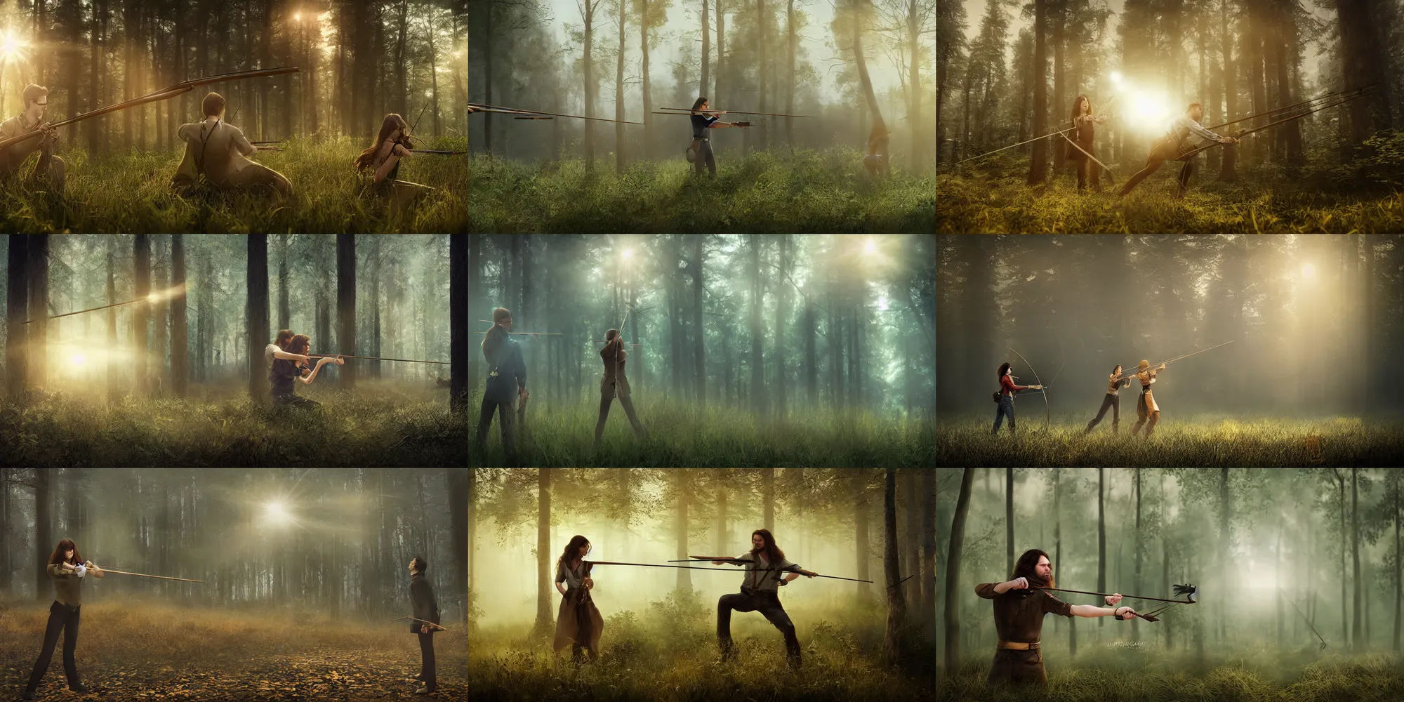 Prompt: two shot of a man and woman with long brown hair shooting a bow side by side in a misty forest clearing, realism, lens flare, trending on artstation