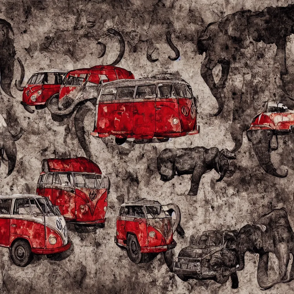 Prompt: prehistorical fresco of vw buses and mammoths, cave wall, spotlight, hard light, finger painting, red ochra, monochrome