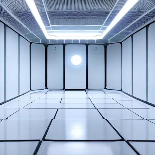 Prompt: a white room 1 2 ft long x 1 0 ft wide x 8 ft tall, geometrically perfect, clean and empty, sci fi spaceship futuristic paneling unreal engine, general studio lighting, 8 k,