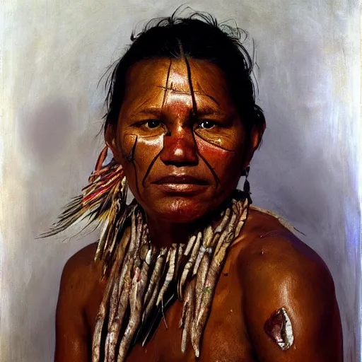 Image similar to high quality high detail painting by jenny saville, hd, full body of a indigenous tribe leader, photorealistic lighting