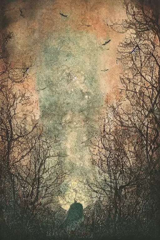 Image similar to tarot card, haunted woods, by andy kehoe