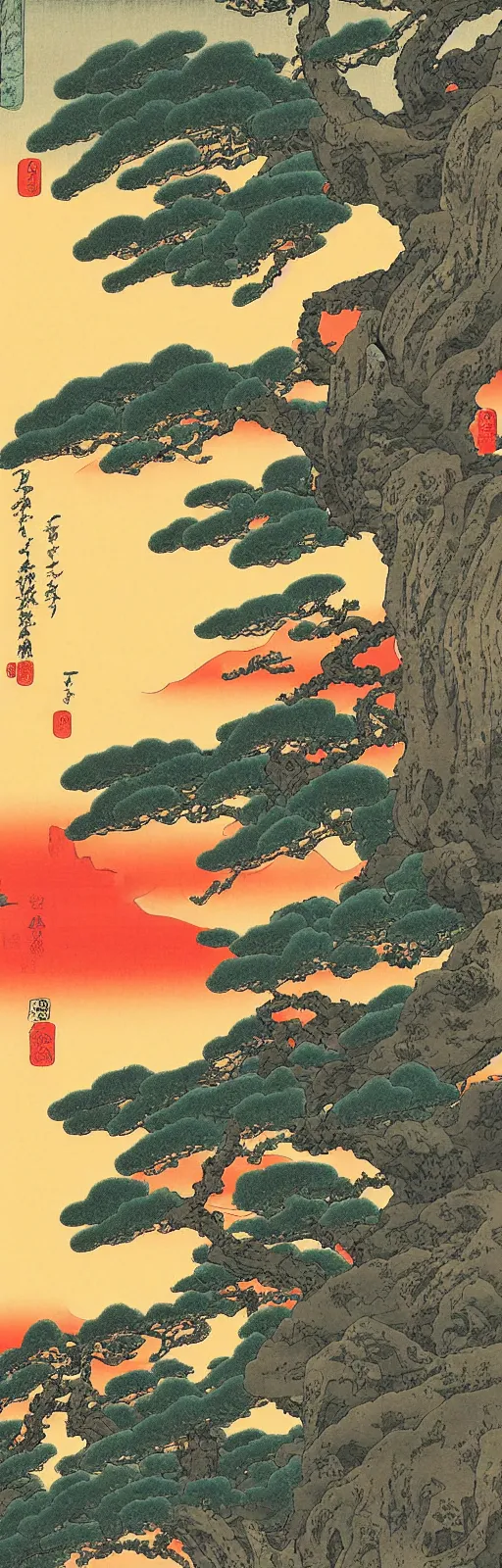 Prompt: Masterful very colorful ukiyo-e on Xuan paper by Thomas Kinkade and Bob Ross, interpretation of A beautiful landscape photography of Zhangjiajie mountains, an intricate tree in the foreground, sunset, dramatic lighting by Anselm Adams and Albrecht Durer,