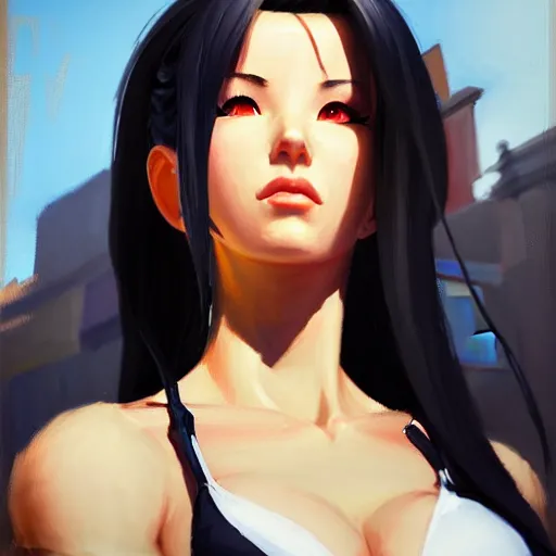 Image similar to Greg Manchess portrait painting o Tifa Lockheart as Overwatch character, medium shot, asymmetrical, profile picture, Organic Painting, sunny day, Matte Painting, bold shapes, hard edges, street art, trending on artstation, by Huang Guangjian and Gil Elvgren and Sachin Teng