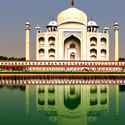 Image similar to a large white indian temple with a long pool of water in front of it, a detailed matte painting by sardar sobha singh, shutterstock contest winner, cloisonnism, creative commons attribution, photo taken with ektachrome, global illumination