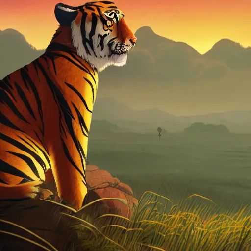 Image similar to anthropomorphic tiger bandit in swamplands gazing at the sunset, cinematic, studio ghibli, wide shot, dramatic lighting, dynamic, ultra realistic, ultra detailed, 8 k, thin line work, trending on artstation