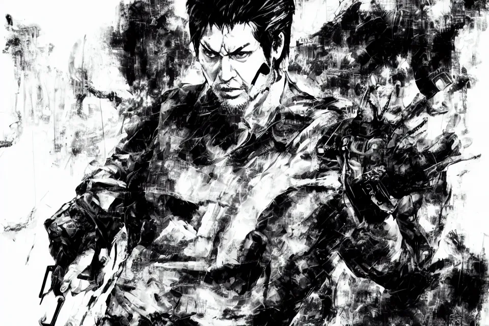 Prompt: a full - body portrait of chow yun - fat, in yoji shinkawa's art style, metal gear solid art style highly detailed, 4 k, artistic, white background, b & w