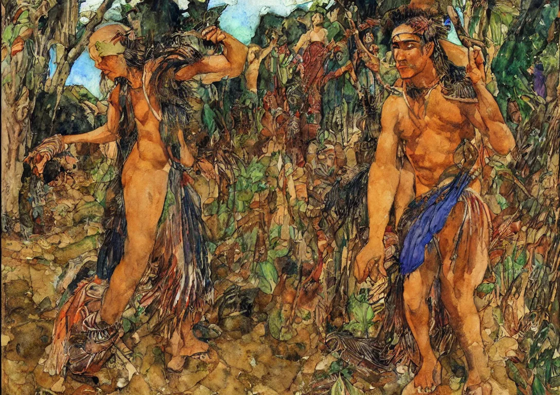 Image similar to watercolor of a polynesian greek god seeking their lover through the streets of an abandoned village, sparse detail, complementary color scheme, by george luks, mati klarwein and moebius