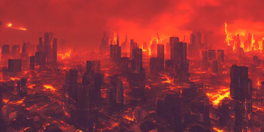 Image similar to cyberpunk moscow, burning houses, demons, evacuation of the city, red horizon, fire on the background