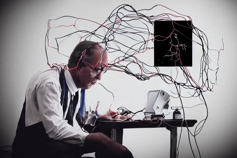 Prompt: a man with a very very big brain!!!!!!!!! is connected by wires to a computer, Cinematic, filmic, 35mm, dark atmosphere, horror, scary, Wildlife photography, Polaroid, bad quality