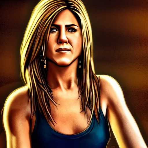 Prompt: jennifer aniston portrait, borderlands, tales from the borderlands, the wolf among us, comic, cinematic lighting, studio quality, 8 k