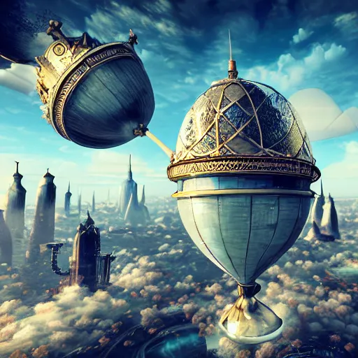 Image similar to enormous flying city in a faberge egg, cloudy sky background, steampunk, fantasy art, masterpiece, unreal engine