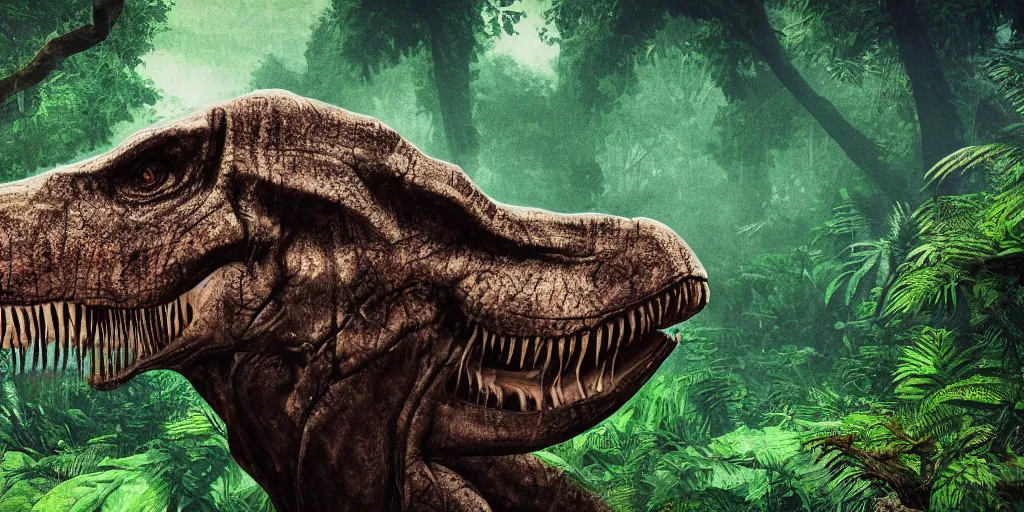 Image similar to photo realism, vary sad, cry tyrannosaurus rex, background jungle, 4 k