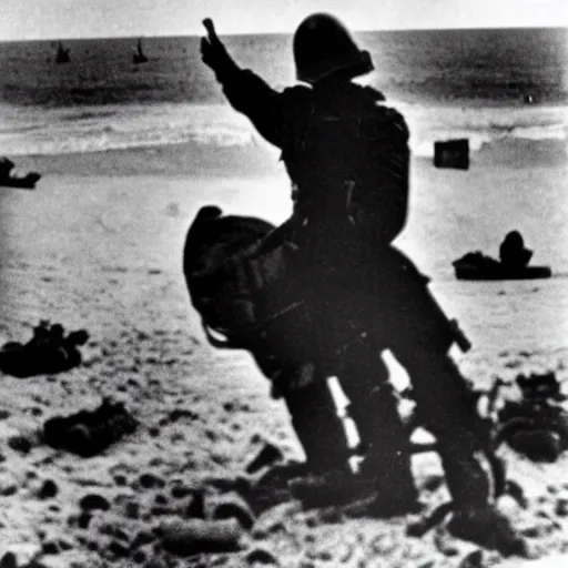 Image similar to Elmo storming the beach of Normandy in 1944, D-Day, black and white photo, grainy