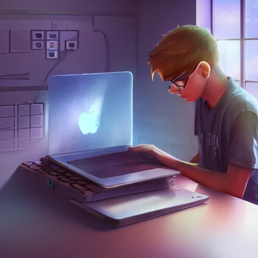 Image similar to realistic teenager using laptop in super tech room, artstation trends, concept art, highly detailed, intricate, sharp focus, digital art, 8 k